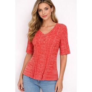 Pendleton Womens‎ Orange Marled Cable Knit Cotton V Neck Sweater Top Size L